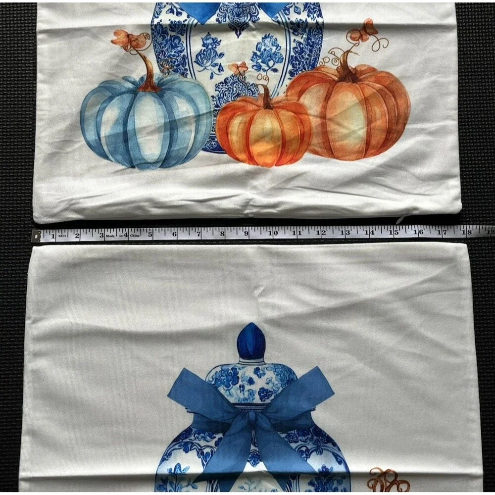 Fall Pillow Covers 18x18 Set of 2 Blue and White Porcelain Pumpkins Orange